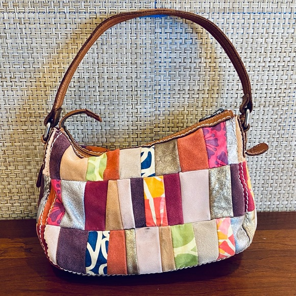🌟4xHP🌟VTG 1990s Fossil Patchwork Leather & Suede Shoulder Bag - Picture 13 of 15